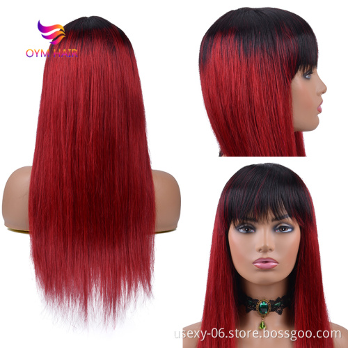 Wholesale 10A Grade 150% Density  Machine Made Color Human Hair Wigs With Bang